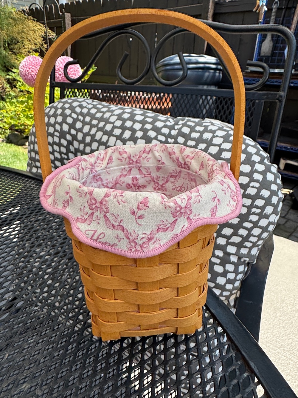 Woven Wood Basket with Pink Floral Fabric Liner